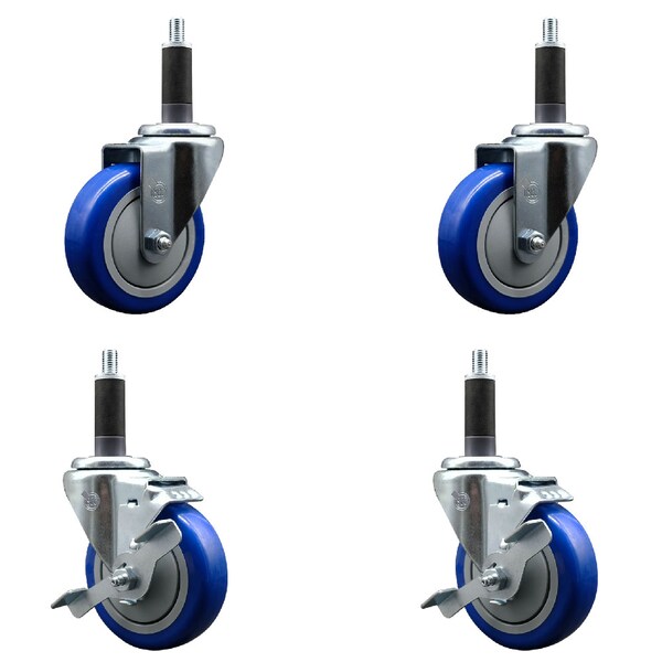 Service Caster 4'' SS Blue Poly Wheel Swivel 1'' Expanding Stem Caster Set 2 Brakes, 4PK SCC-SSEX20S414-PPUB-BLUE-2-TLB-2-1 - main